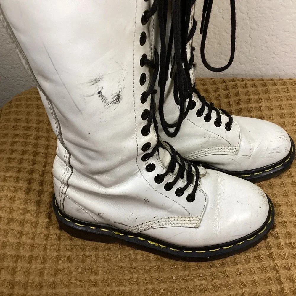 Vtg Dr Martens Knee Boots Women's Sz US 5 White 20 Eye Tall Leather England Made
